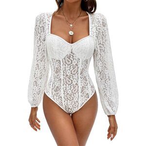 NEW Sweetheart Neck Lace Bodysuit Tie Backless Knot Tee Top M